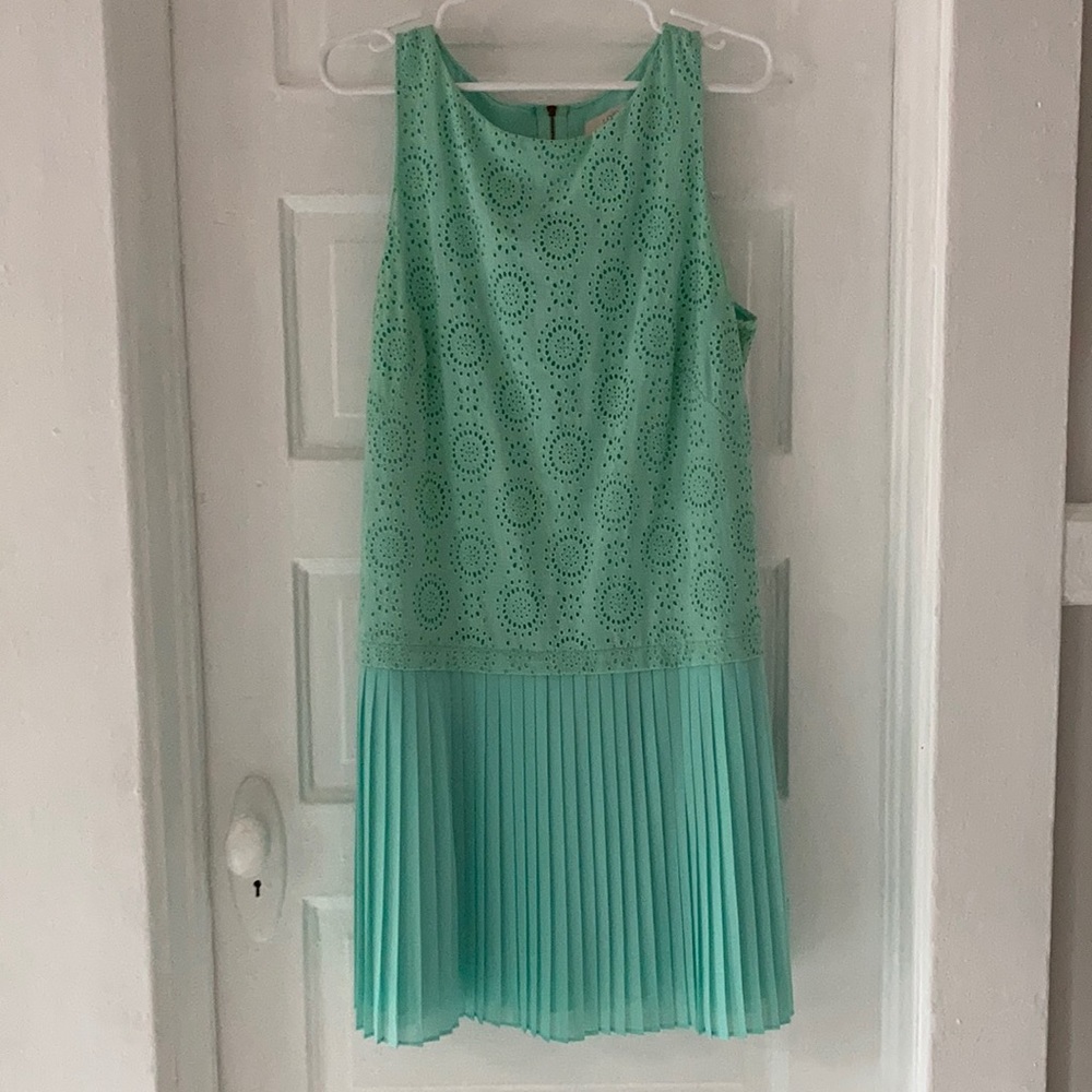 Loft green eyelet dropped waist dress. Size 14.